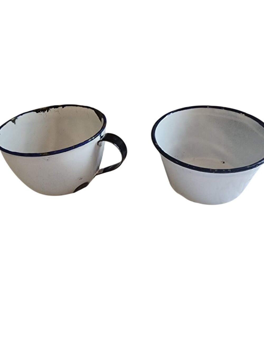 Vintage Enamel Mug White with Navy Trim Chippy Chipped Enamelware Coffee Tea Cup